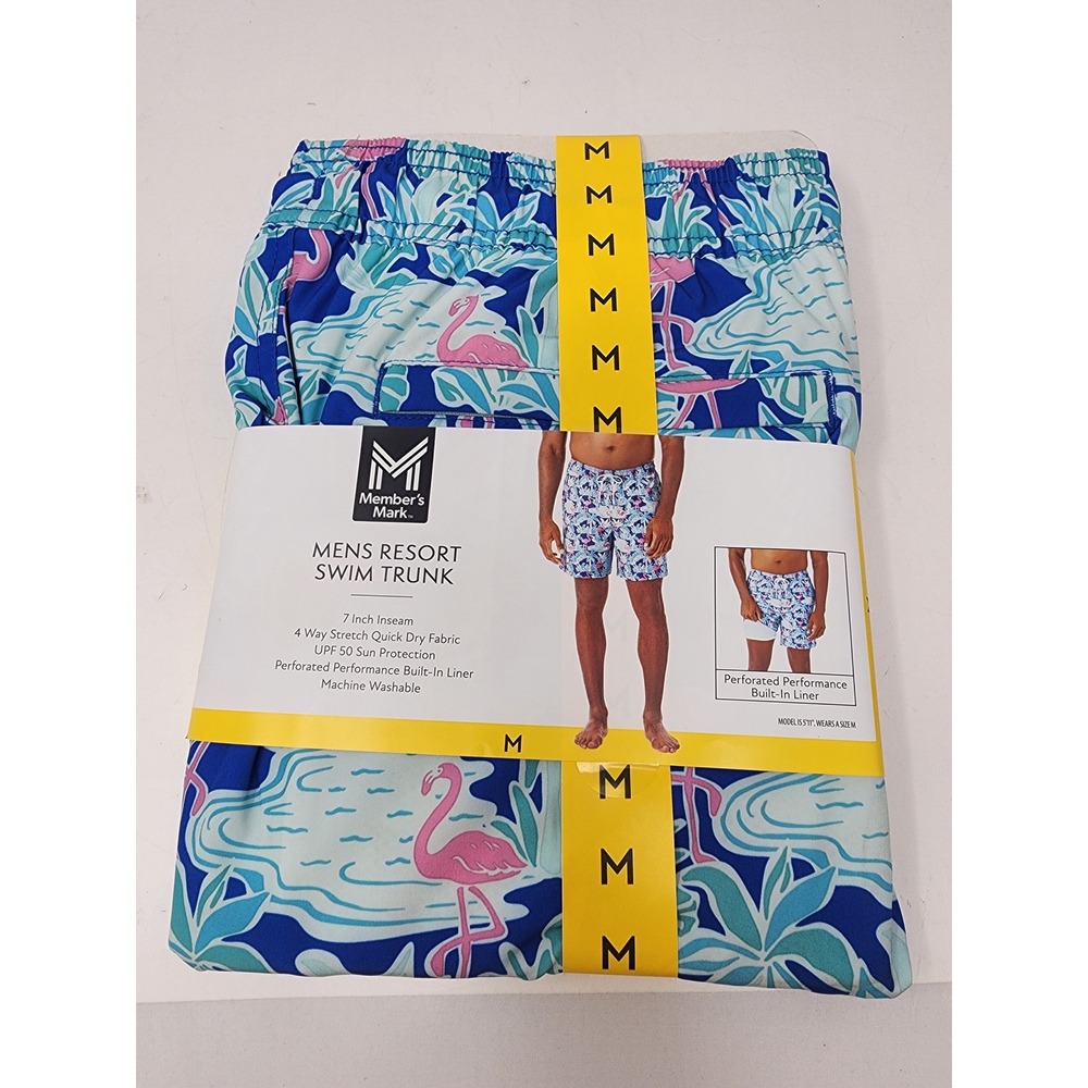 Member's Mark Mens Resort Swim Trunks Blue Flamingo Poly Blend Casual‎ Size M
